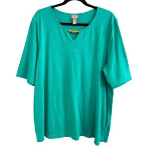 CHICO’S Cotton Short Sleeve Beaded Key Hole Casual Blouse Top Size 2